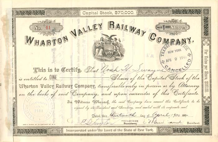 Wharton Valley Railway Co. - Stock Certificate